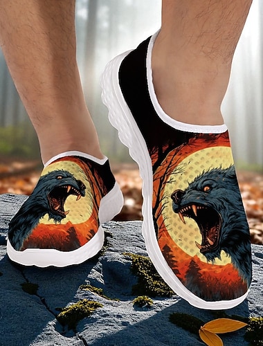  Herreslip-on-sneakers med heftig varulvtrykk, lette fritidssko til halloween-fest og turgåing