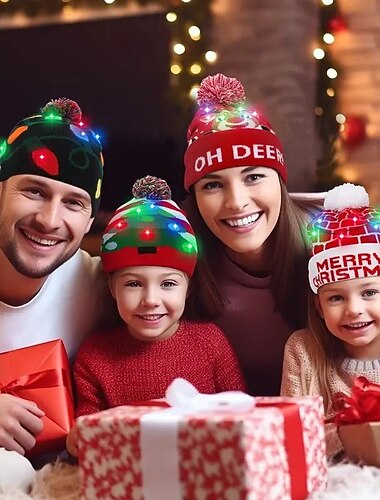  Chapéu de Natal Luminoso Chapéu de Lã de Natal Unissex Chapéu de Inverno Piscante Adequado para Adultos e Crianças Presente de Natal e Ano Novo