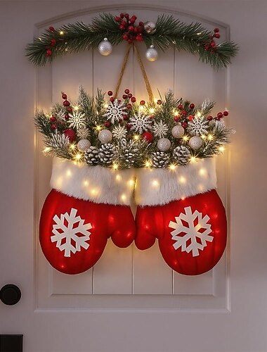  Couronne de Noël scintillante avec 120 lumières LED, couronnes de Noël illuminées avec branches de pin artificielles, baies rouges et pommes de pin givrées, couronne de Noël artificielle pour