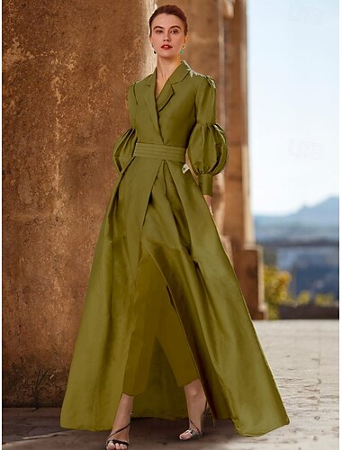  Jumpsuit / Pantsuit Mother of the Bride  Wedding Guest Elegant V Neck Floor Length  Long Sleeve with Ruching Solid Color free custom size