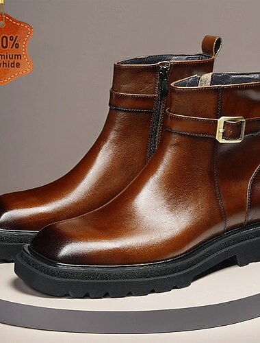  Botines con hebilla marrón para hombre, botas casuales clásicas con cremallera lateral y correa decorativa para oficina, fiestas y atuendos diarios.