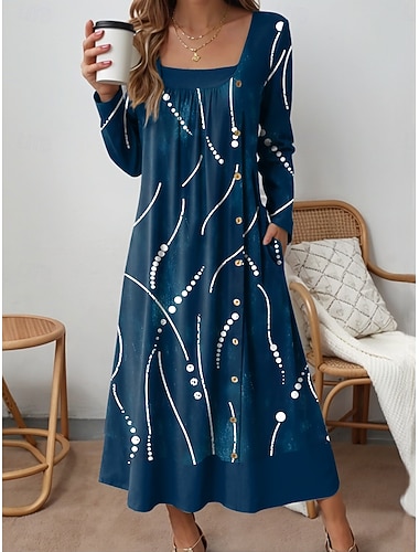  Damen Midikleid Shiftkleid Lässig Täglich Lässiger Schnitt Grafik Abstrakt Langarm Quadrathals Rote Blau Purpur Grün Frühling Herbst Winter
