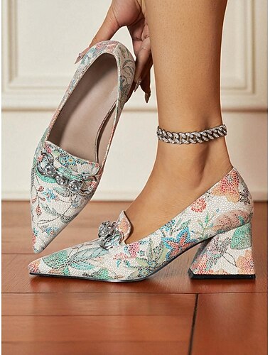  Blommiga jacquardpumps med spetsig tå och blockklack – slip-on finskor i vintagestil från 1950-talet med kristallspänne för bröllop, fester och eleganta outfits