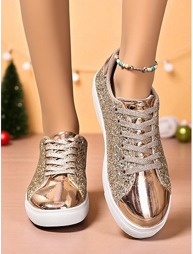  sneakers da donna con lacci e glitter dorati e punta metallizzata - scarpe alla moda per la vita notturna, le feste e le discoteche