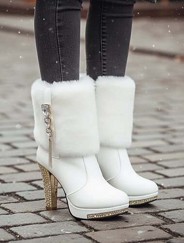  Dámské Boty Valentýnské dárky Bílé boty Svatební boty Párty Venkovní Pevná barva Jednobarevné Podšité fleecem Kotníkové boty Booties Çıkarılabilir Kürk Yaka Křišťály Třásně Platforma Vysoký podpatek