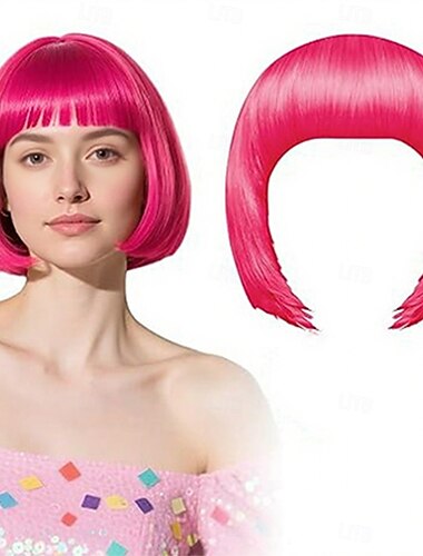  Karnevalsperücke 2026 Rosa Schwarz Blau Glatt Bob Kurz Synthetische Festivalperücke Karneval Parade Cosplay-Kostümfrisur für Damen