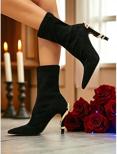  Botas femininas de salto agulha – camurça preta com salto de cobra dourado, elegantes botas góticas de salto alto para festas de coquetel e fantasias de Halloween