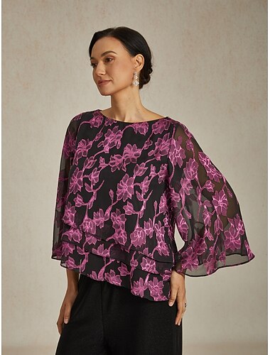  Dame Bluse Chiffongoverdeler Blomstret Elegant Stilfull Fritid Crew-hals Vanlige topper Bryllupsgjest Date Night antrekk Cocktail antrekk Blonde Rose Rosa Vår Høst Vinter