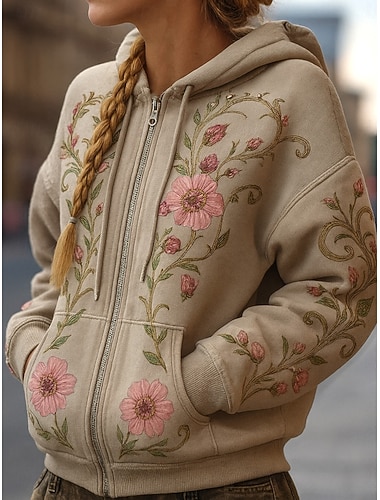  Damen Hoodies mit Reißverschluss Patchwork Reißverschluss Tasche Blumen Grafik Elegant Warm Vintage Langarm Mit Kapuze Normale Oberteile Straße Alltagskleidung Grün Khaki Frühling Herbst
