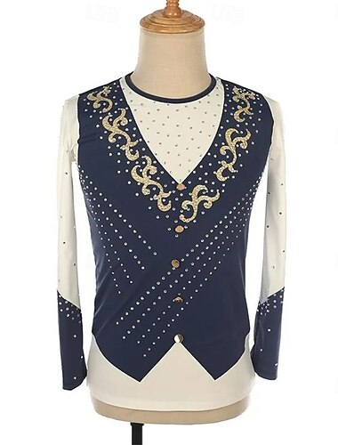  Kunstschaatstopje Voor heren Jongens Schaatsen Tops Blauw / wit Lapwerk Spandex Hoge Elasticiteit Opleiding Wedstrijd Kunstschaatskleding Klassiek Kristal / Bergkristal Lange mouw Schaatsen