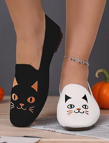  mocassini da donna con stampa di gatti di Halloween – scarpe slip-on in Flyknit bianche e nere con un grazioso design a cartoni animati per outfit casual da festa