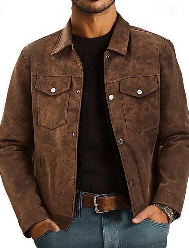  Herren Imitat-Lederjacke Cargo-Jacke Urlaub Täglich Verschleißfest Tasche Herbst Winter Einfach Mode Klassisch Revers Regulär Schwarz Braun Grau Jacken