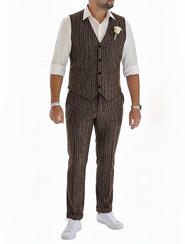  Uomo Matrimonio autunnale Abiti da sposa Bavero classico Nero Marrone Formale Spina di Pesce Vestibilità standard 2 pezzi