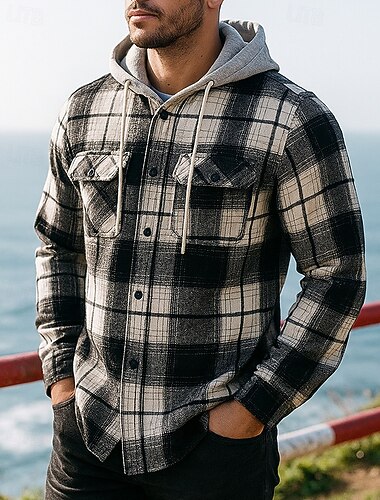  Homens Jaqueta de flanela jacquard Camisa com capuz e jaqueta Com bolsos Manga Longa Blusas Roupa Esportiva Xadrez Quadrados A Prova de Vento Quente Equitação Viagem Férias Roupa de esporte Roupas