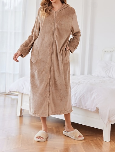  Damen Schlafanzug Robe Flanell Mode Lässig Einfarbig Reißverschluss Tasche Urlaub Heim Täglich Langarm Kapuzenpullover Schwarz Marineblau Kamel Herbst Winter Lässiger Schnitt