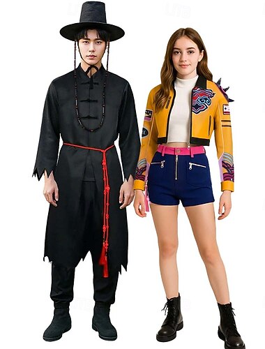  Caçadores de Demônios KPop Rumi Saja Boys Jinu Saja Hanbok Fantasias para casais de grupos de Halloween Fantasias Originais Tradicional Coreano Ídolo Virtual Cosplay filme for Casal Homens Mulheres