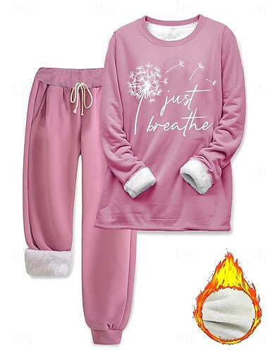  Damen Elegant Warm Mode Zweiteilige Sets Trainingsanzug Hosen-Sets Langarm Bischofsärmel Rundhalsausschnitt Rundhals Grafik Buchstabe Druck Outdoor Urlaub Lässig Dunkelpink Blau Grau Frühling Normale