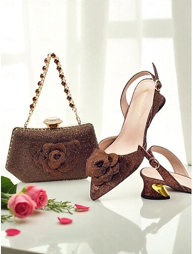  set di scarpe con tacco slingback glitterate da donna e pochette da sera abbinata con motivo floreale 3D per eventi formali e cocktail party