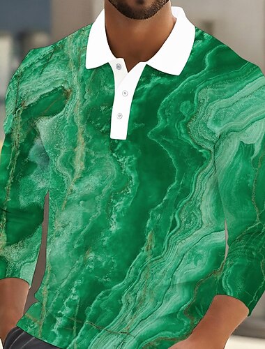  Herren Abstrakt Marmor Polo Langarm Polo-Shirts Revers Lässig Outdoor Straße Athleisure Alltagskleidung 3D-Druck Knöpfe Frühling Herbst Winter Blau Himmelblau Grün