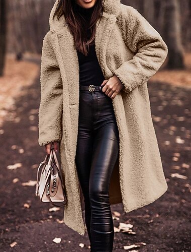  Damen Wintermantel Fleecejacke Warm Bequem Tasche Knöpfe Mode Lässig Einfach Urlaub Straße Lässig Alltagskleidung Einreihig Lang Mit Kapuze Normale Passform Langarm Oberbekleidung Aprikose Herbst