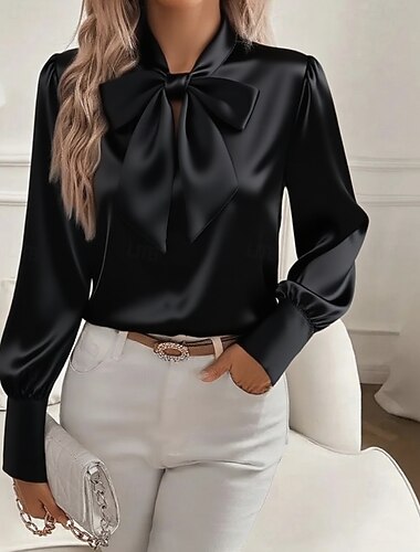  בגדי ריקוד נשים אלגנטי מִתגַנדֵר סאטן חולצה צבע אחיד אלגנטית שרוול ארוך צוואר עניבה חולצות רגילות פפיון שחור לבן ורוד מסמיק חאקי סתיו