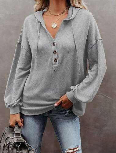  Damen Kapuzenpullover Einfach Sport Mode Lässig Langarm Mit Kapuze Normale Oberteile Straße Alltagskleidung Knöpfe Grau Herbst Winter