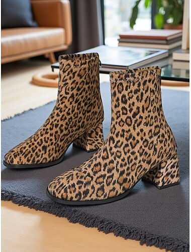  ankelstøvletter med leopardtrykk og blokkhæl til dame – trendy, korte støvletter med dyretrykk til hverdagsbruk og festbruk