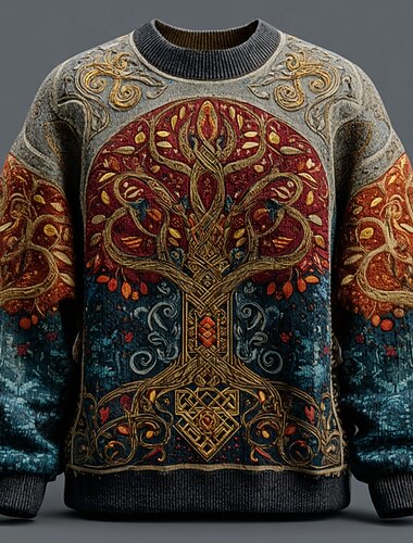  Miesten Viikinki Elämän puu Neulepusero Knitwear Pyöreäkauluksinen Retro / vintage Vapaa-aika Loma Katu Päivittäin 3D-tulostus Neulominen Pidä Lämmin Pitkähihainen Syksy Talvi Sininen Ruskea