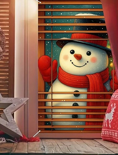  Christmas Snowman Curtain, 2025 Xmas Warm Glow Window Curtain Door Cover for Holiday Decoration, Winter Party Indoor Outdoor Hanging Tapestry