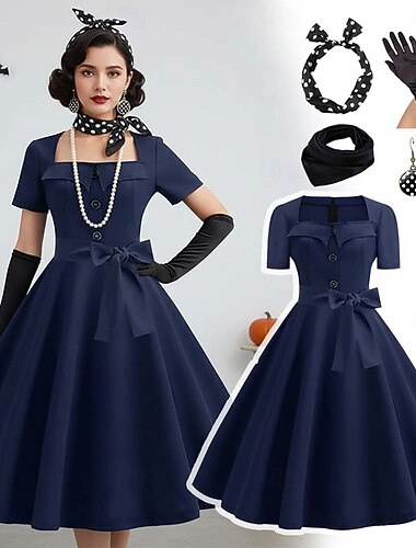  レトリ／ヴィンテージ 1950年代風 グリース衣装 Aラインドレス スイングドレス フレアワンピース 仮装 女性用 ハロウィーン カーニバル 新年 マスカレード レトロテーマパーティー 成人 ドレス 多くのアクセサリー