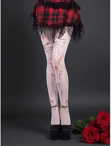 Halloween panty's met bloederige print en visnetmotief voor dames - enge witte panty's met schedels, kostuumkousen voor feesten en cosplay