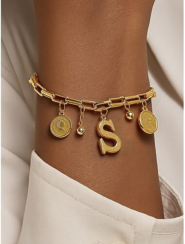  Vergulde armband met alfabetletters voor dames met munt- en bolbedels, verstelbare ketting, stijlvol kerstcadeau voor haar, gepersonaliseerd sieraadaccessoire