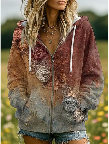  Női 3D Nyomtatott Vintage Boho Kapucnis Póló Foltvarrott Kapucnis Pulóver Virágos Zip Up Kényelmes Kapucnis Utca Napi Viselés Foltvarrott Cipzáras Zsebes Világoslila Lila Barna Zöld Tavasz Ősz