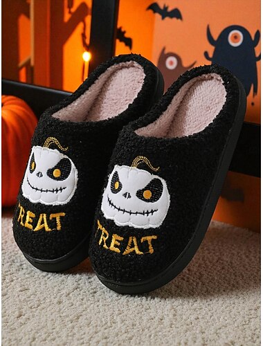  Dames Slippers Pluche Pantoffels Vakantie Huis Dagelijks Grijns Platte hak Ronde Teen Pluche Comfortabel Imitatiebont Leegloper Zwart Wit