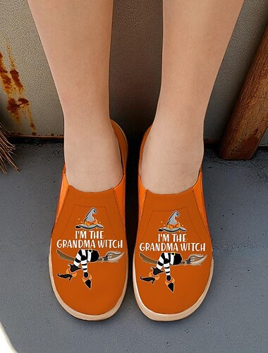  Oransje damesko med bred bredde og slip-on-motiv med morsomt bestemorheksetrykk – komfortable halloween-sko for fritidsbruk, turgåing og reiser