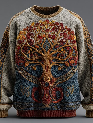  Herre Livets tre Pullover genser Strikketøy Crewneck Retro / vintage Fritid Feriereise Gate Daglig 3D-utskrift Strikking Hold Varm Langermet Høst Vinter Blå 1 Blå