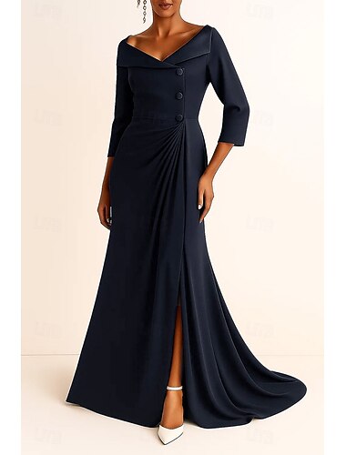  Dames Smokingjurk A-lijn Formeel Bruiloft gast Satijn Crêpe Elegant 3/4 Mouw Geplooid Tot de grond V-hals