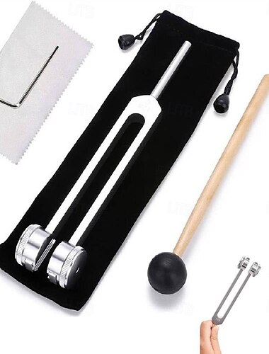  128 Hz:n parantava instrumentti, alumiiniseoksesta valmistettu sensorinen virityshaarukkasetti silikonivasaralla, puhdistusliina &säilytyspussi, ääniterapiaan tarkoitettu jooga- ja