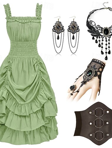  Goottityyli Renessanssi Steampunk Mekot Tarvikesarja Gootti tyttö Naamiaispuku Naisten Fantasia Halloween Karnevaali Suoritus Juhla Ren Faire Aikuiset Leninki Korvakorut Kaulakorut