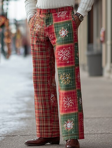  Christmas Miesten Ruudukko / Plaid Lumihiutale Housut Puvunhousut Pukuhousut Keskivyötärö Muoti rento ulko- Pyhäpäivä Rennot, litteät housut sivutaskuilla Kevät Syksy 3D-tulostus Rubiini