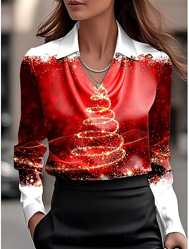  Weihnachten Damen Hemd Ombre Grafik Weihnachtsbaum Elegant Stilvoll Lässig Langarm Wasserfallausschnitt Normale Oberteile Arbeit Party-Abendmode Täglich Gerafft Drapiert Wein Herbst Winter