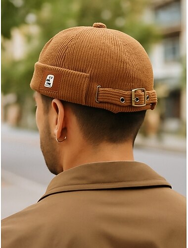  Herren-Cordmütze ohne Krempe, Retro-Dockermütze mit verstellbarem Riemen, lässige Streetwear-Schädelkappe für Herbst und Winter