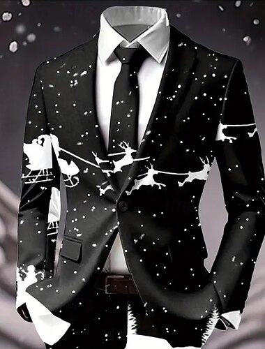  Herre Blazer Frakk Jul Avslappet Festival Fritid hverdag Høst vinter 100% Polyester Snøfnugg 3D-utskrift Knapper Hold Varm Bekvem Enkeltkneppet Blazer Svart Hvit Blå Himmelblå