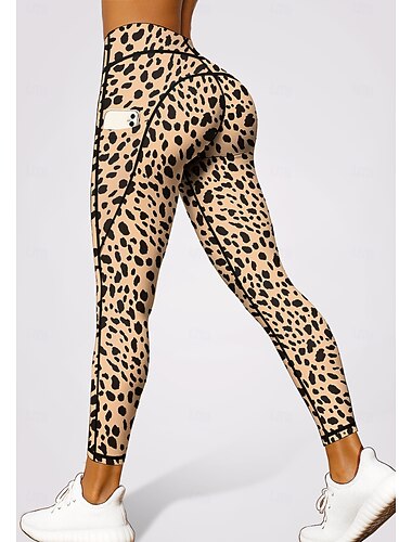  Mulheres leggings de pilates Calças de fitness Leggings de Ginástica Bolsos Imposto de selo Bolsos laterais Pilates Academia Treino de Ginástica Calças Meia-calça Leggings Estampa de Leopardo Marron