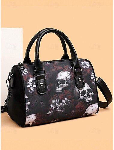  Dames Halloween schedelprint handtas - gotische imitatieleren schoudertas met handvat voor casual, feest- en vakantie-outfits