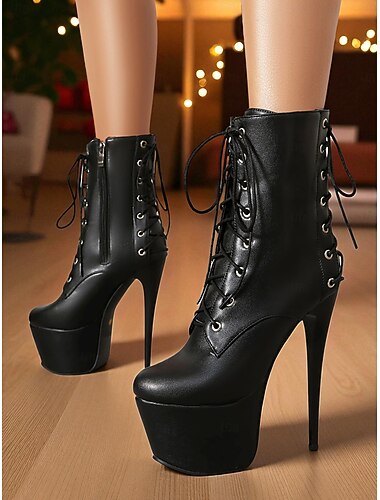  Botas femininas pretas de couro sintético com cadarço e plataforma - botas curtas sensuais de salto agulha alto para a vida noturna &pole dance