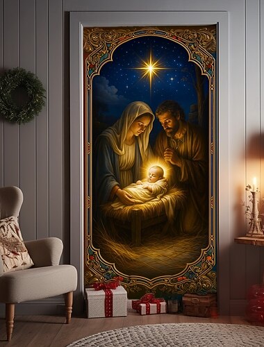  Housse de porte de Noël rideau de porte de scène de la Nativité de la Sainte Famille avec le bébé Jésus Marie et Joseph suspension religieuse de porte de Noël 2025 pour la décoration de fête à la