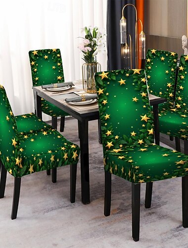  Funda de Silla de Navidad - Impresión Digital de Estrella Verde Funda elástica a prueba de polvo para sillas de comedor