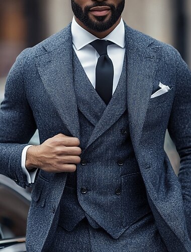  Masculino O negócio Casual Ternos de negócios Lapela Chanfrada Azul Escuro Formal Padrão Diagonal Fino Conjunto de 3 peças