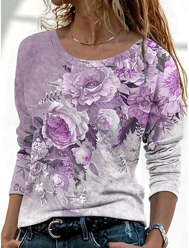  Women's T Shirt Ombre Floral Graphic Vintage Fashion Stylish Long Sleeve Round Neck Regular Tops Daily Weekend Print Yellow Pink Blue Purple Gray Spring Fall Winter